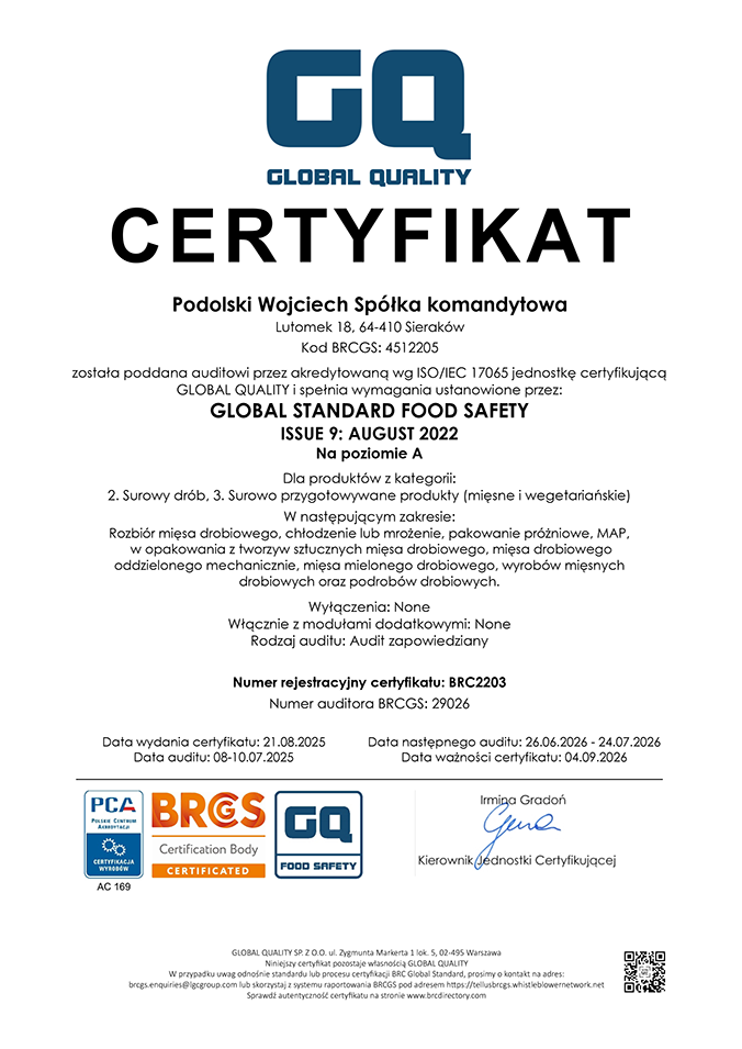 Certyfikat BRC FOOD PL 2025